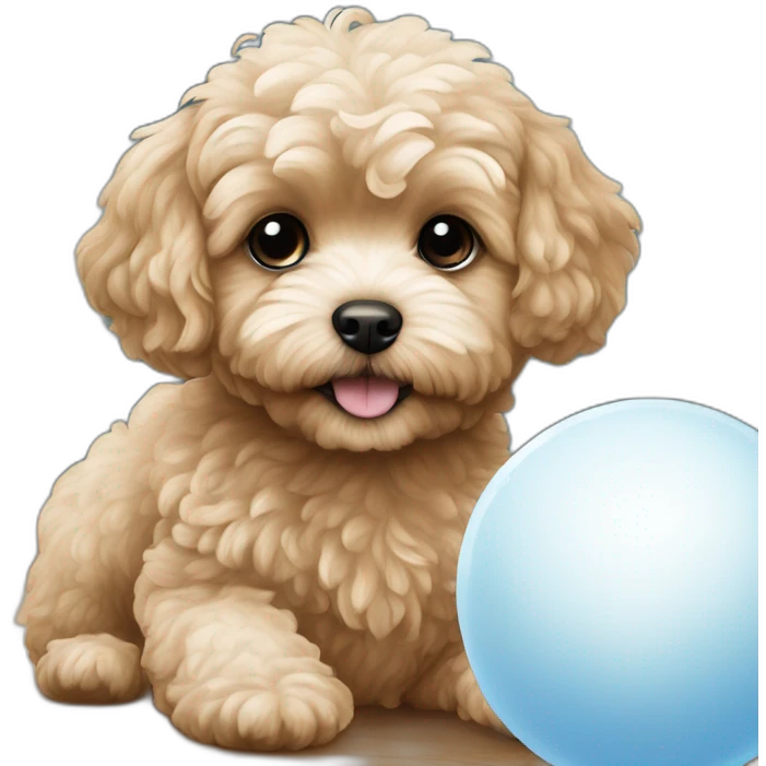 milky brown maltipoo dog playing with a blue ball emoji