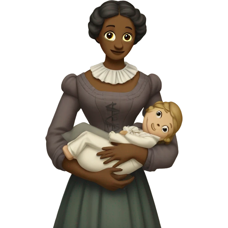 A 19th century woman with a child in her arms. There is a big letter "A" on the dress emoji