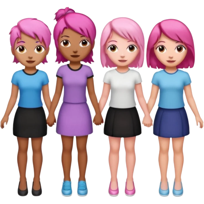 Three women holding hands, three light brown skin , one with pink hair, one with black hair, and one with brown hair emoji