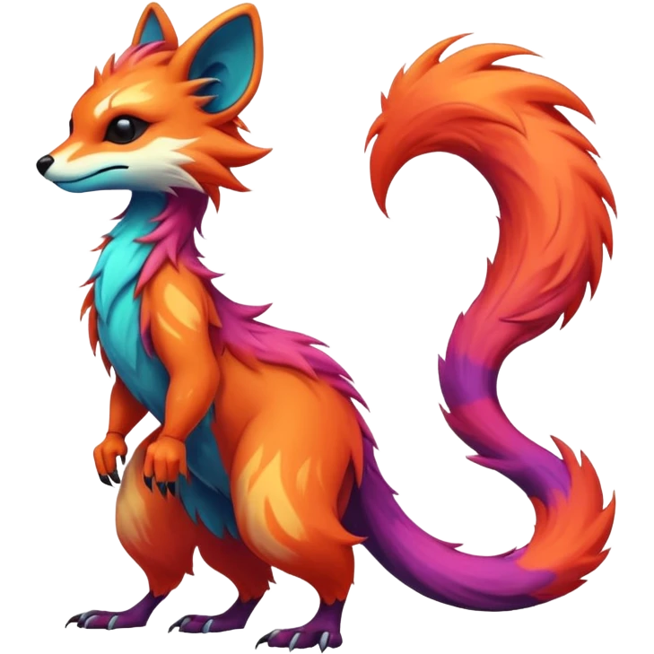 Cool randomly colored colorful furry anthropomorphic fantasy-Vernid-creature by LiLaiRa with a long tufted tail with edgy markings (full body) emoji