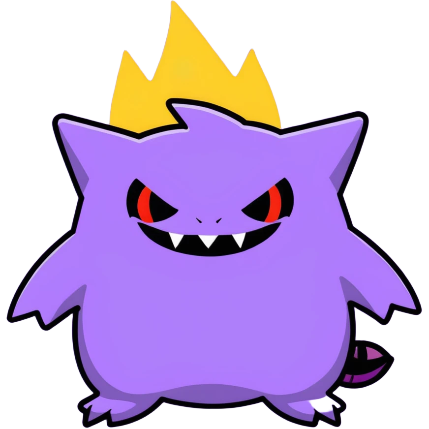 Gengar, the purple ghost Pokemon with red eyes and a mischievous grin emoji