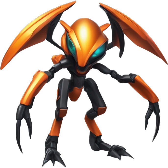 a shiny metallic black-orange Genesect-Flygon-Raptor-Fakémon-Medabot-hybrid with a futuristic visor-helmet full body emoji