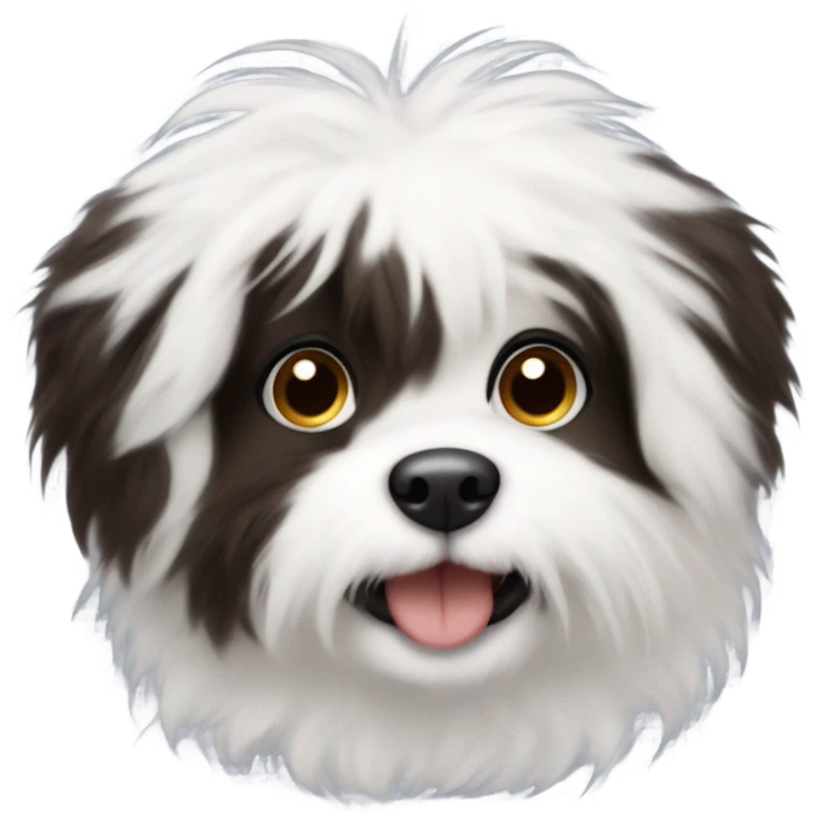 A fluffy small dog with black fur and white fur on his chest in a heart and on his chin like a beard. Long floppy ears and dark brown eyes emoji