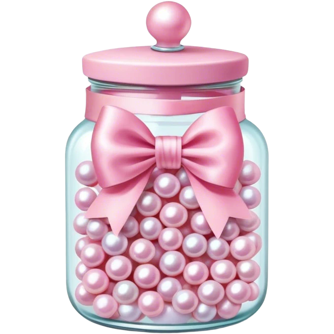 "A glass jar filled with pink candy pearls, tied with a silky ribbon bow, soft pastel colors." emoji