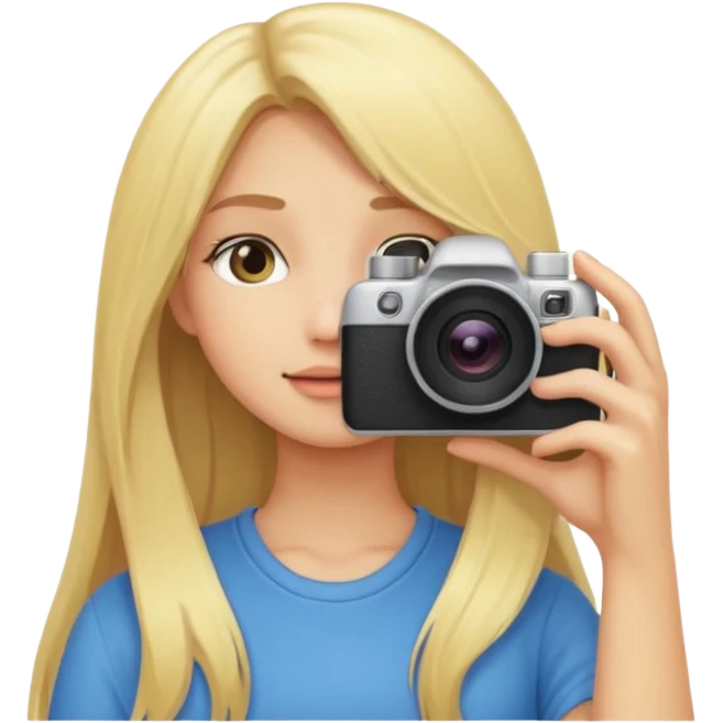 blonde cartoon girl taking picture camera in front of her face long hair emoji