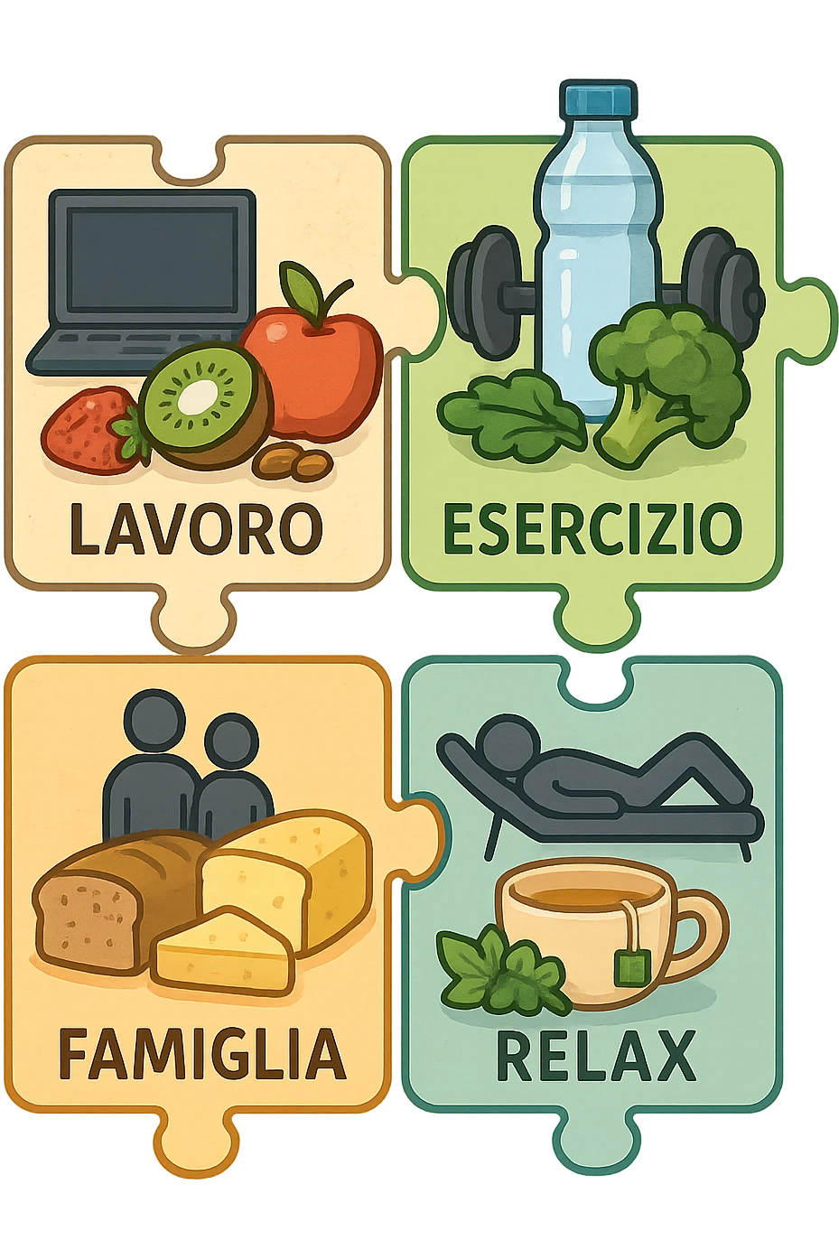 Puzzle (Lavoro, Esercizio, Famiglia, Relax), in lavoro metti icona di un PC, in Esercizio un Manubrio, in Famiglia una famiglia, in Relax qualcuno che riposa and healthy foods are integrated into each piece. in italiano emoji