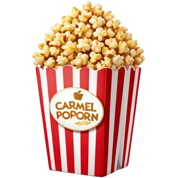 caramel popcorn in an extra large red and white vertically striped package, thick bold stripes, golden brown caramel popcorn, authentic Apple emoji style with glossy finish and subtle gradients, package dominates the image, minimalist clean design, no text emoji