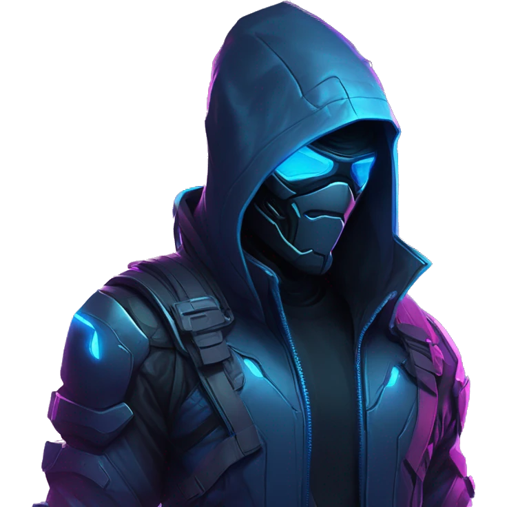 developer behind his laptop with this style : crysis Cyberpunk Riot Games Valorant neon glowing bright blue character blue black hooded assassin themed character emoji