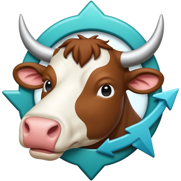 A simple emoji icon showing a cow and buffalo inside an upload frame with an upward arrow, indicating image upload for breed detection. Flat modern emoji design, soft shadows, teal and white theme, readable at small sizes, centered, no text. emoji