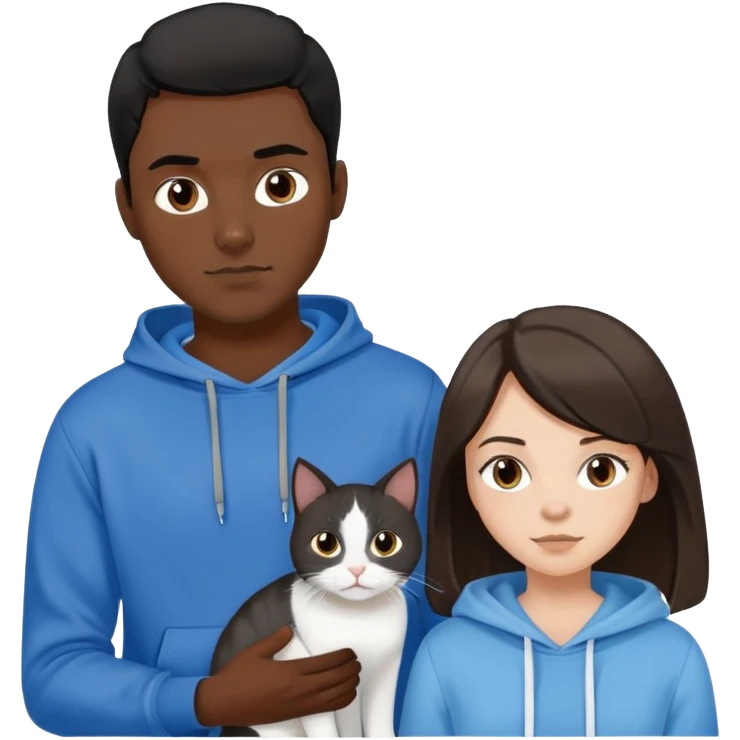 dark-skinned man with black hair and a black sweatshirt and a white girl with brown hair, a blue top, and a gray and white cat emoji