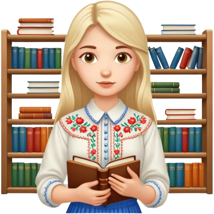 A Ukrainian girl in an embroidered shirt holds many books emoji