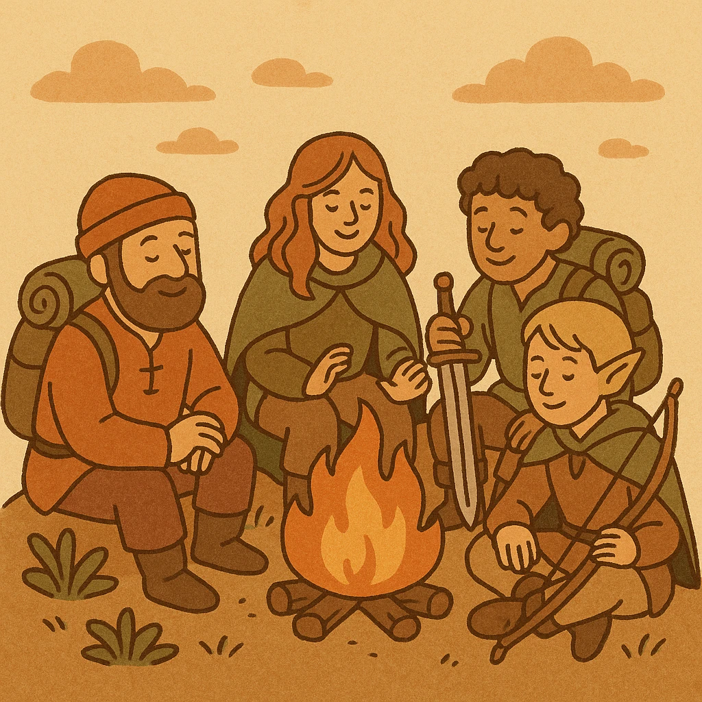 a group of adventurers around a campfire, cozy illustration emoji