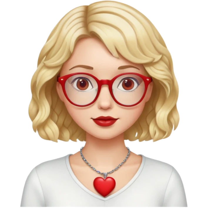 white girl head with short wavy blonde bob hair, red round glasses, heart necklace emoji