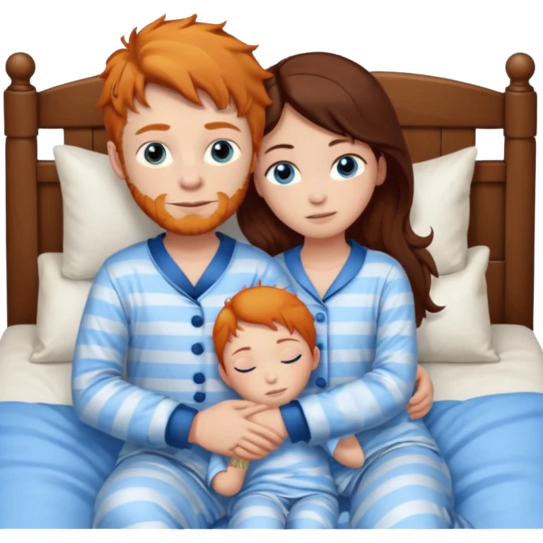 Ginger boy hugging girl with very dark brown hair. Both have blue eyes. They are in bed.  emoji