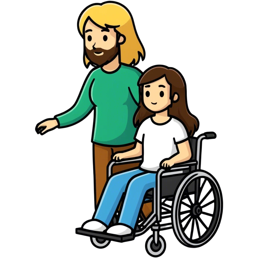 A bearded Brown haired man in a wheel chair lwith long blonde haired mom pushing emoji