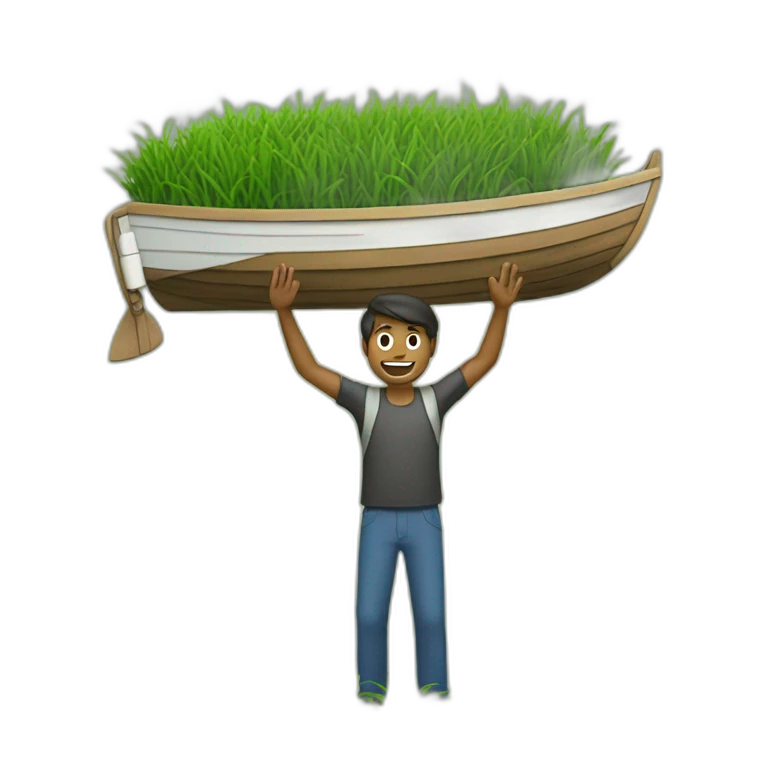Guy carrying a boat over his head standing on grass emoji