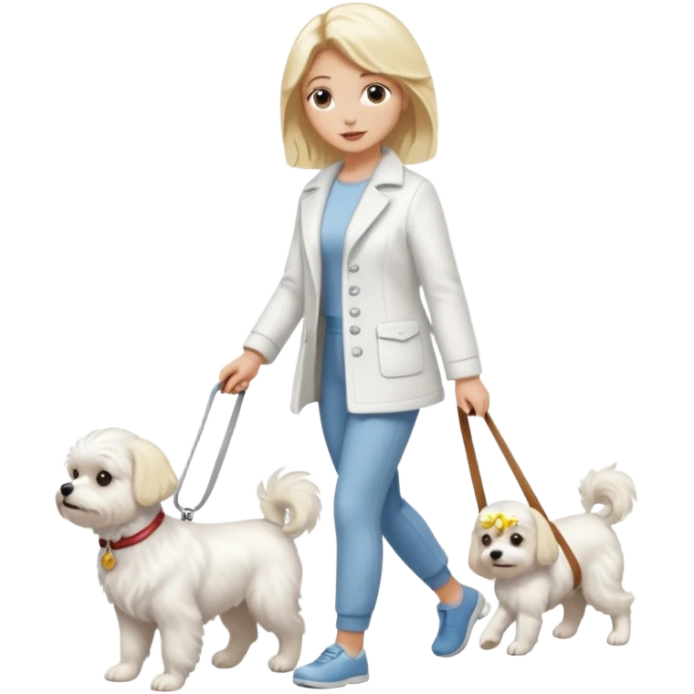 blonde woman wearing white, walking a maltese dog. emoji