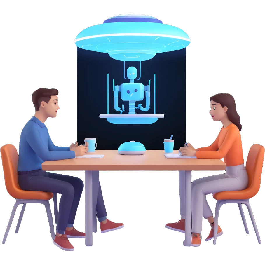 two people brainstorming at a table, with an AI assistant floating above, projecting creative ideas and strategic plans as holograms emoji