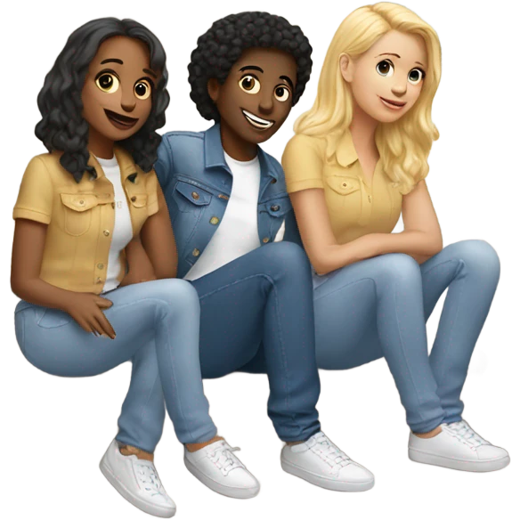 3 white friends on the stairs in all denim outfits  emoji