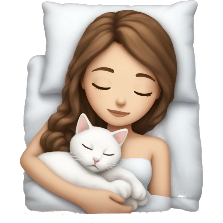White girl brown hair sleeping with white kitty emoji
