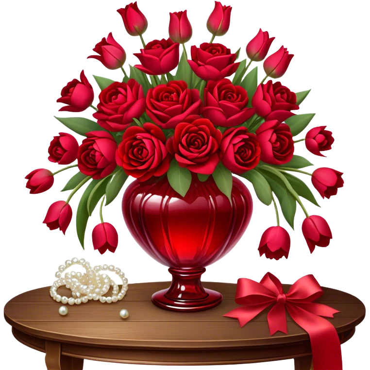 "A romantic still life of a crystal-clear red glass vase brimming with a lavish mix of scarlet roses, tulips, peonies, and silk-like pansies, with pearl-hued ribbons cascading gracefully over a vintage wooden table."
 emoji