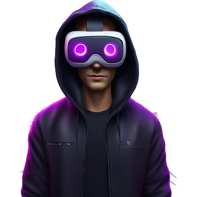 Russian man wearing a black hoodie with "OMG" letters on it and VR headset in a cyberpunk VR environment with violet neon lighting. emoji
