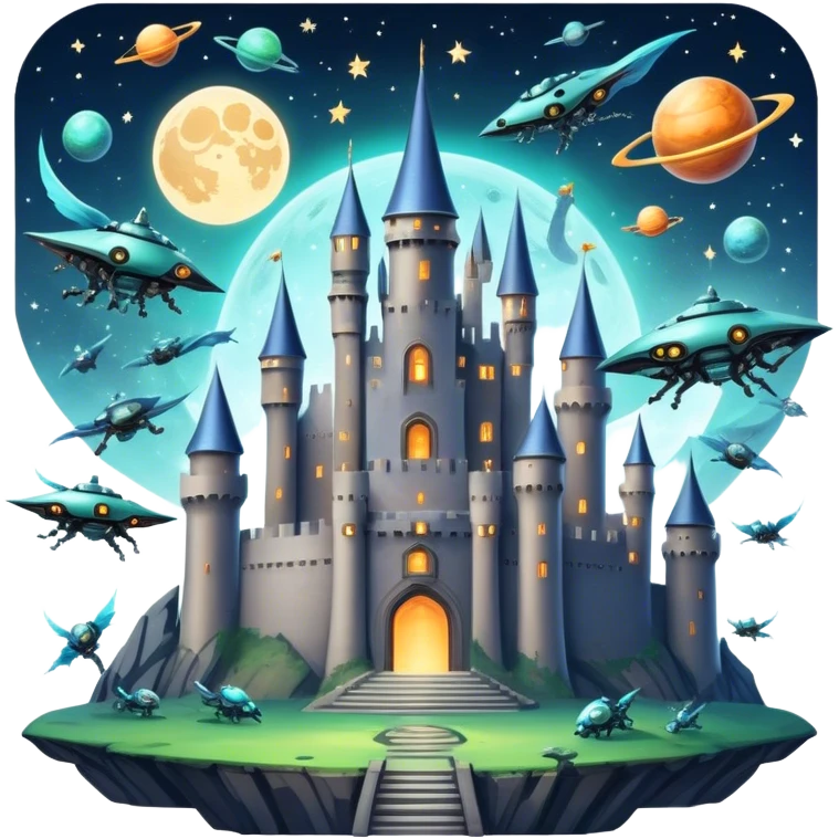 Icon for Fantasy and Sci-Fi Movies: A magical collage with flying dragons. futuristic spaceships and UFOs. Stars and planets shimmer in the background with a mystical castle Hogvards an ancient wizard and robots. The atmosphere is epic, otherworldly and adventurous. Transparent background. emoji