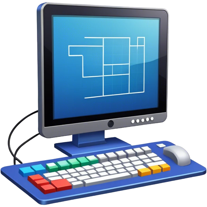 Professional icon for Game Design: computer screen with game interface, 3D models, pixel art, and design tools like grid, wireframe, and stylus. Symbolizes the technical and creative process of game development. Transparent background. emoji