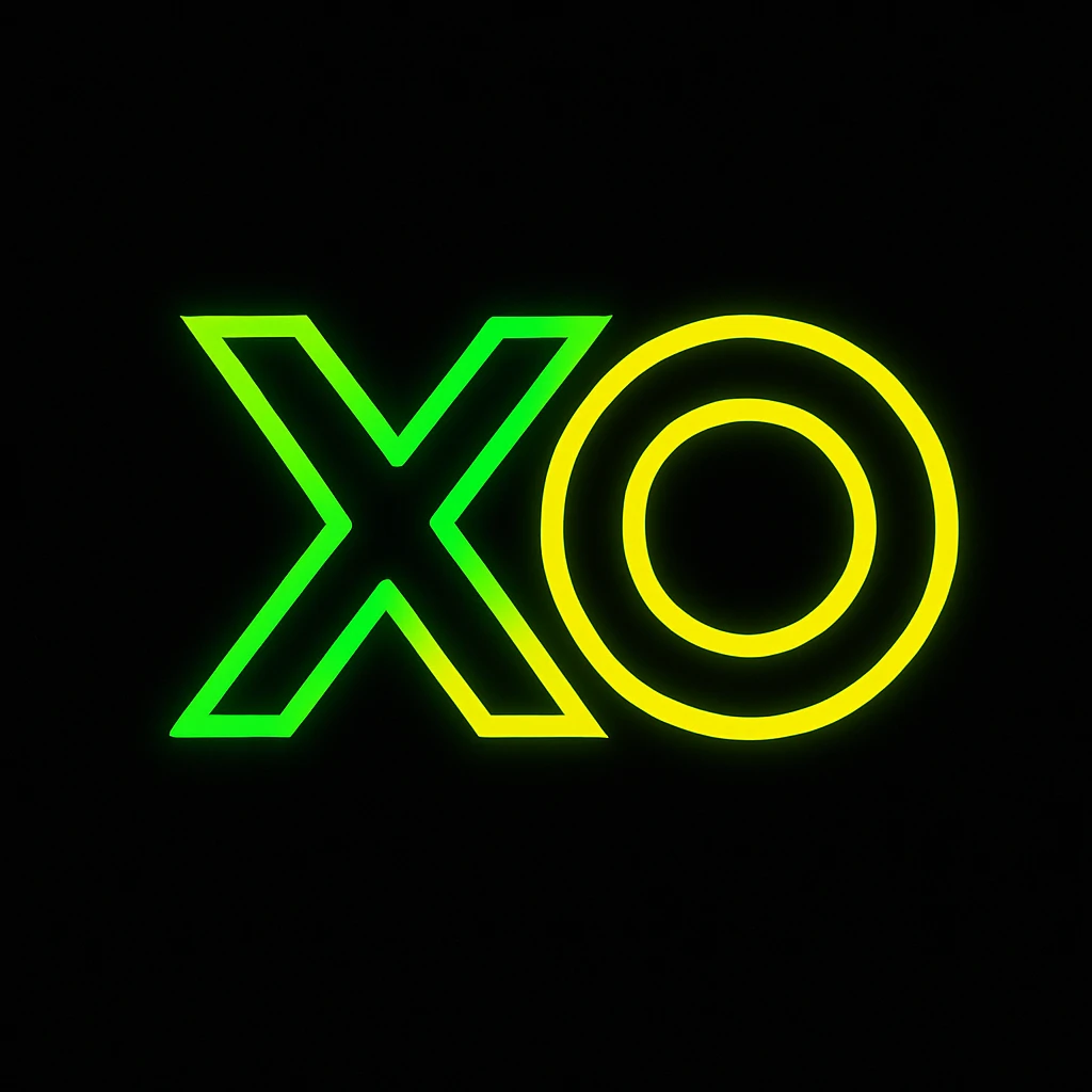stylized 'X' and 'O' logo, neon green and yellow, black background, bold and tech-inspired emoji