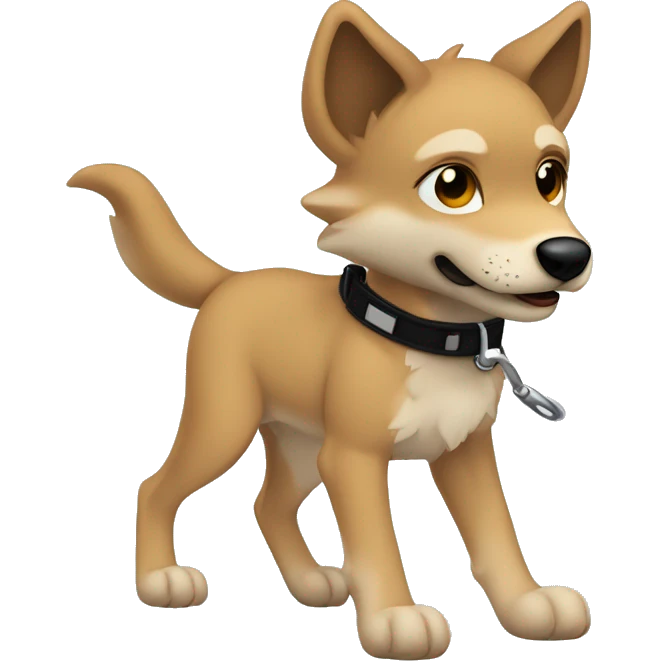 4 short legs a light brown puppy-like wolf with black  ears with black leash  is walking emoji