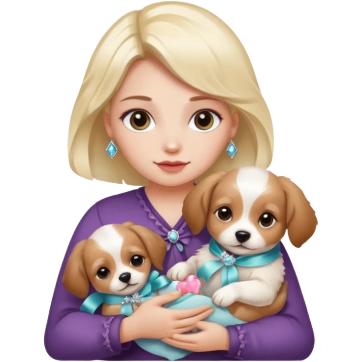 woman holding baby dogs with ribbons and crystals emoji