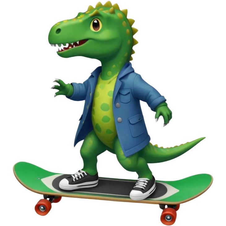 a dinosaur on a skateboard wearing a coat with sneakers in the bottom emoji