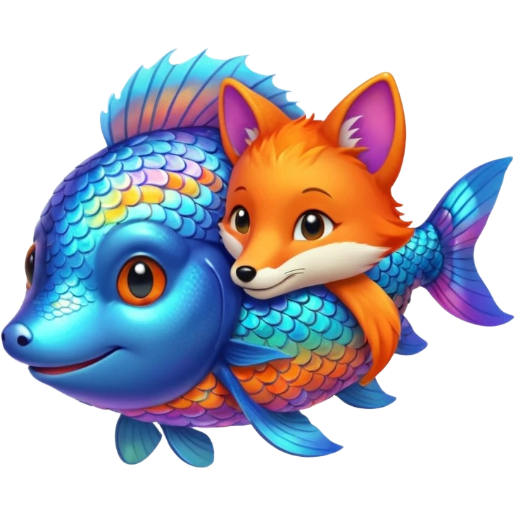 Make the rainbow fish glow a little larger, hugging or cuddling the fox emoji