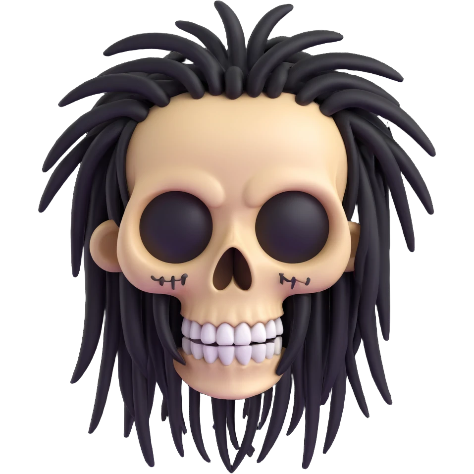 3D cartoon skull with black dreadlocks, big eyes, smiling emoji