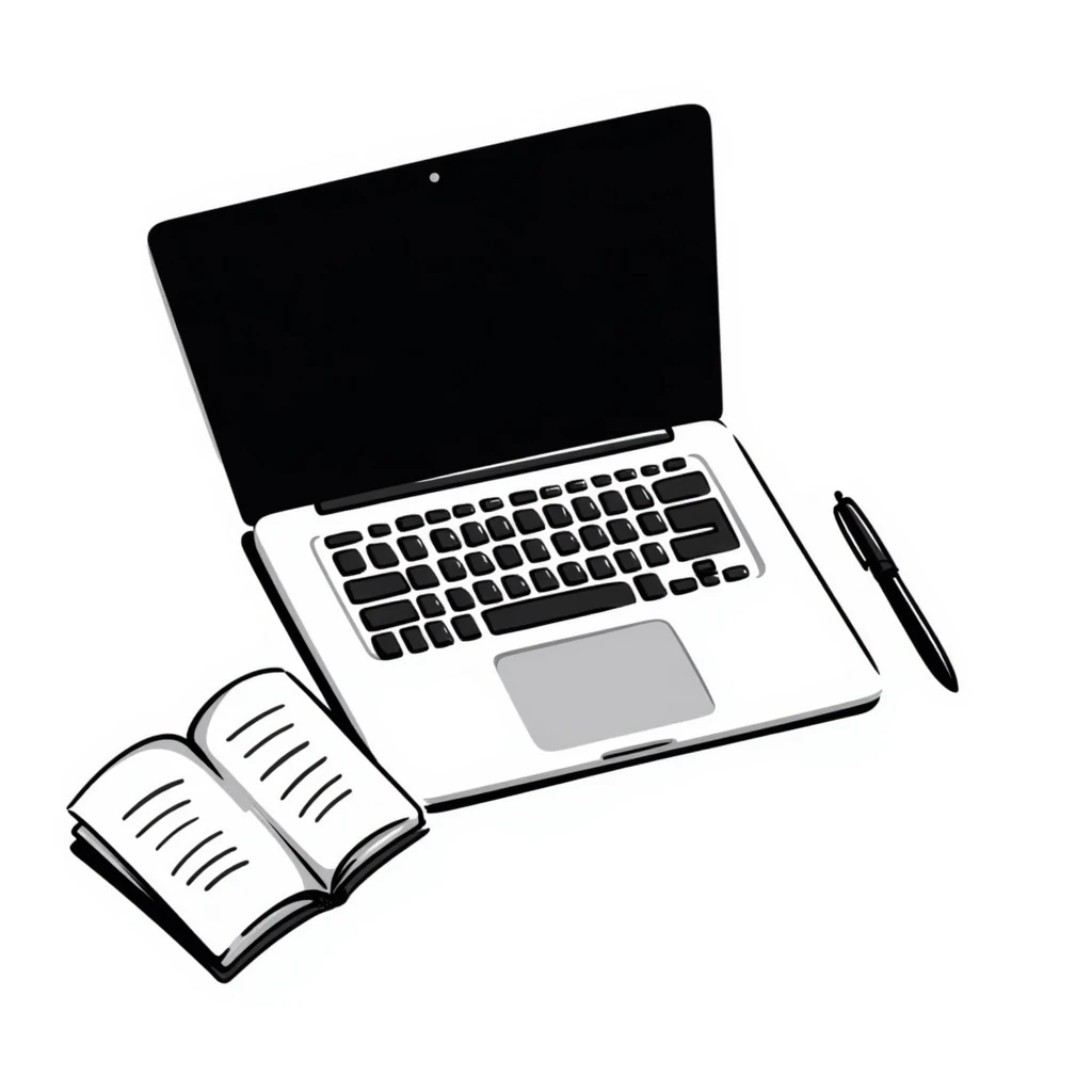 top view of a MacBook and a notebook with a pen nearby emoji