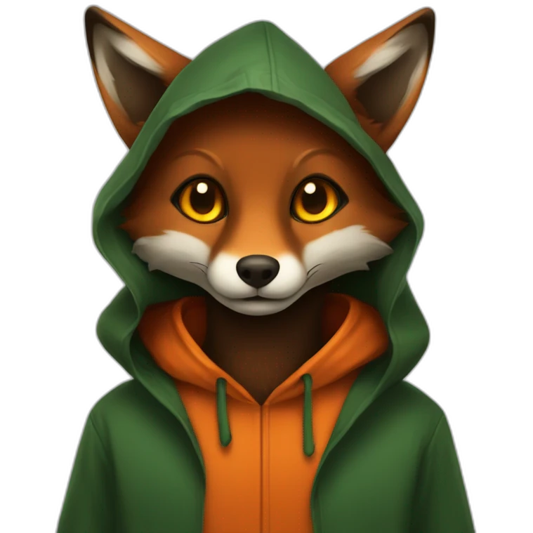 a small dark brown fox with orange eyes with a dark green hood that smile emoji