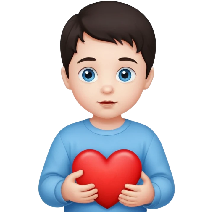 Dark hair blue eye baby boy holding heart  emoji
