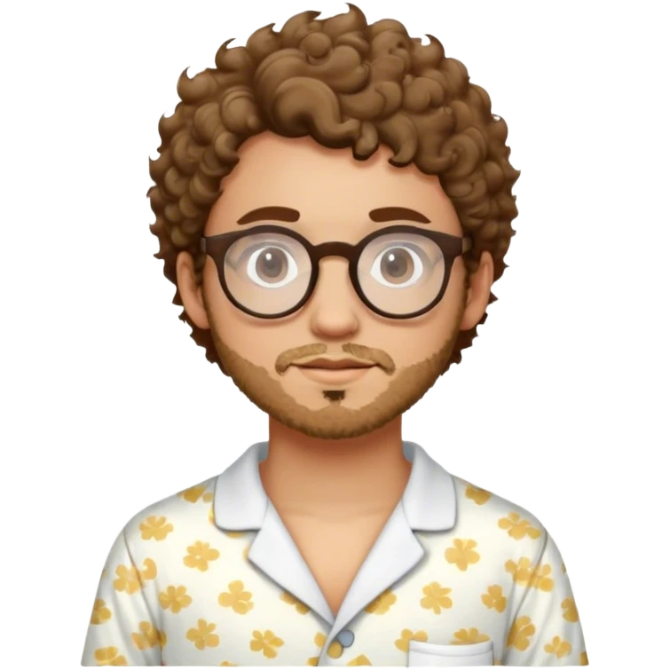 Young man with short curly brown hair, round glasses, light beard in a pyjama emoji