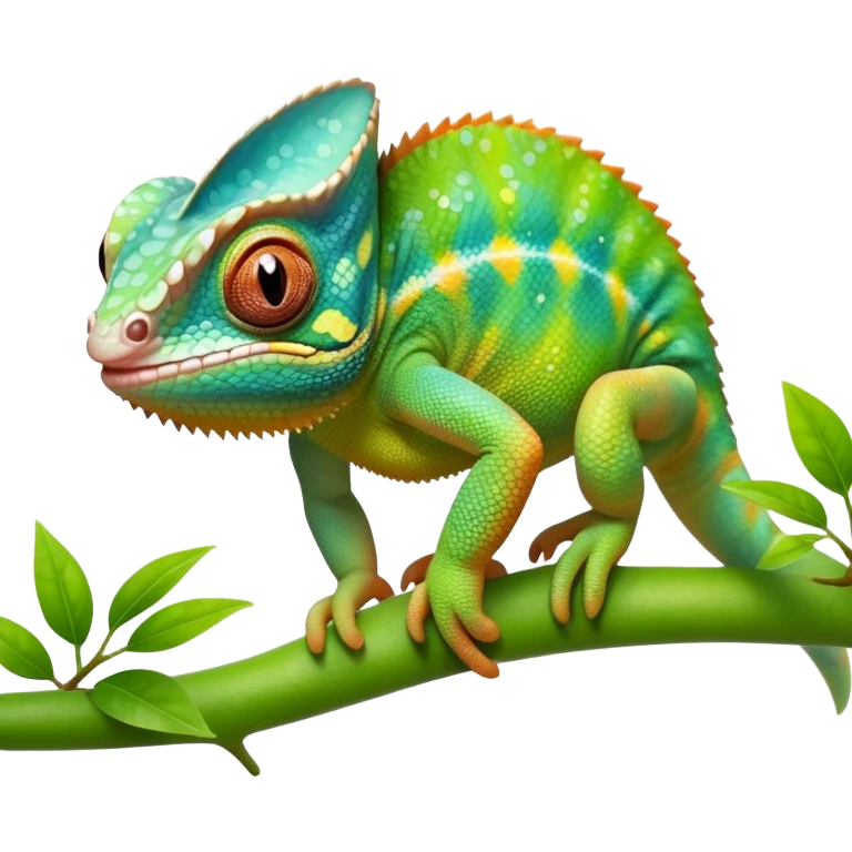 cinematic cute-smiling baby chameleon-realistic emoji,-blending-with-vibrant-greenery.-detailed-scales-in-shifting-colors,-showing-the-chameleon’s-ability-to-camouflage.-soft-natural-light-highlights-its-texture.-light-background, zoomed into its face emoji