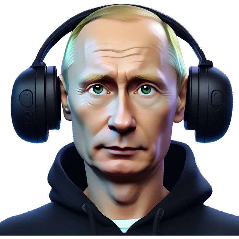 Vladimir Putin wearing a black hoodie with "OMG" letters on it and VR headset oculus quest 2 in a cyberpunk VR environment with violet neon lighting. emoji