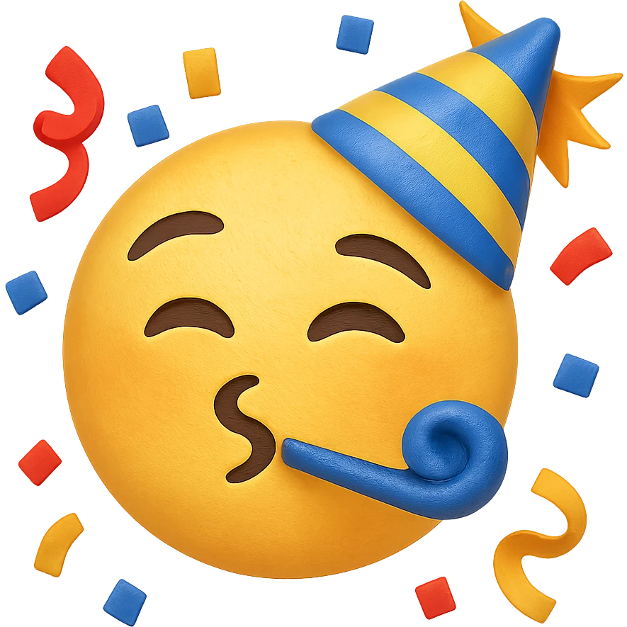 face with party hat and confetti emoji, digital illustration, no background emoji