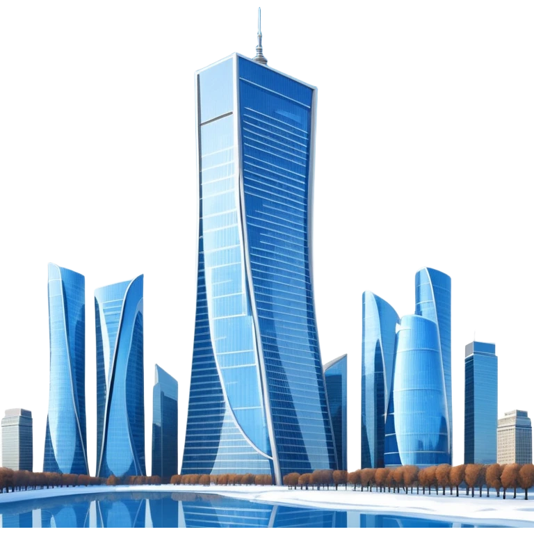 Apple style 3D emoji of the Evolution Tower from Moscow City.
Twisted skyscraper made of blue reflective glass, realistic reflections, light snow on the edges. Glossy 3D icon, smooth shading, high quality, isolated on a white background. emoji