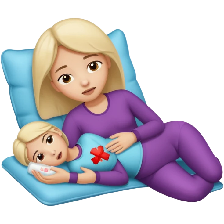 A girl, lying on her side suffering from menstrual cramps, has a hot water bottle on her stomach. emoji