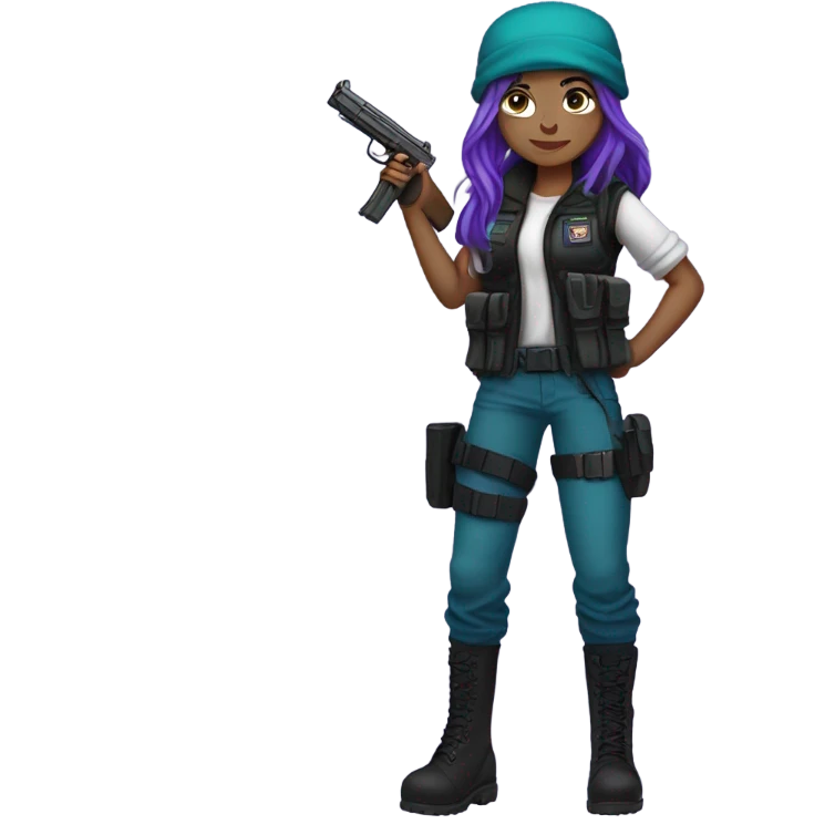 Girl, white skin, tactical vest, dark pants, long teal purple hair, blue eyes, purple beanie hat, gun, black combat boots emoji