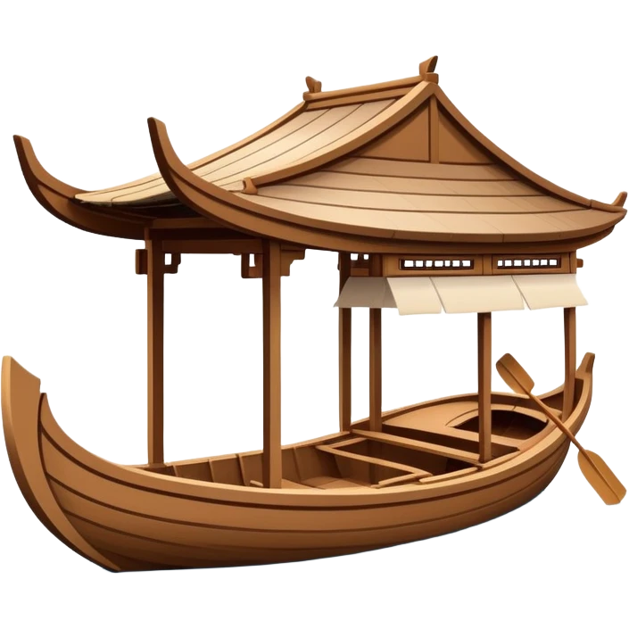 Traditional Chinese wooden boat on West Lake Hangzhou, simplified cute emoji style, wooden rowing boat with canopy, cartoon style emoji