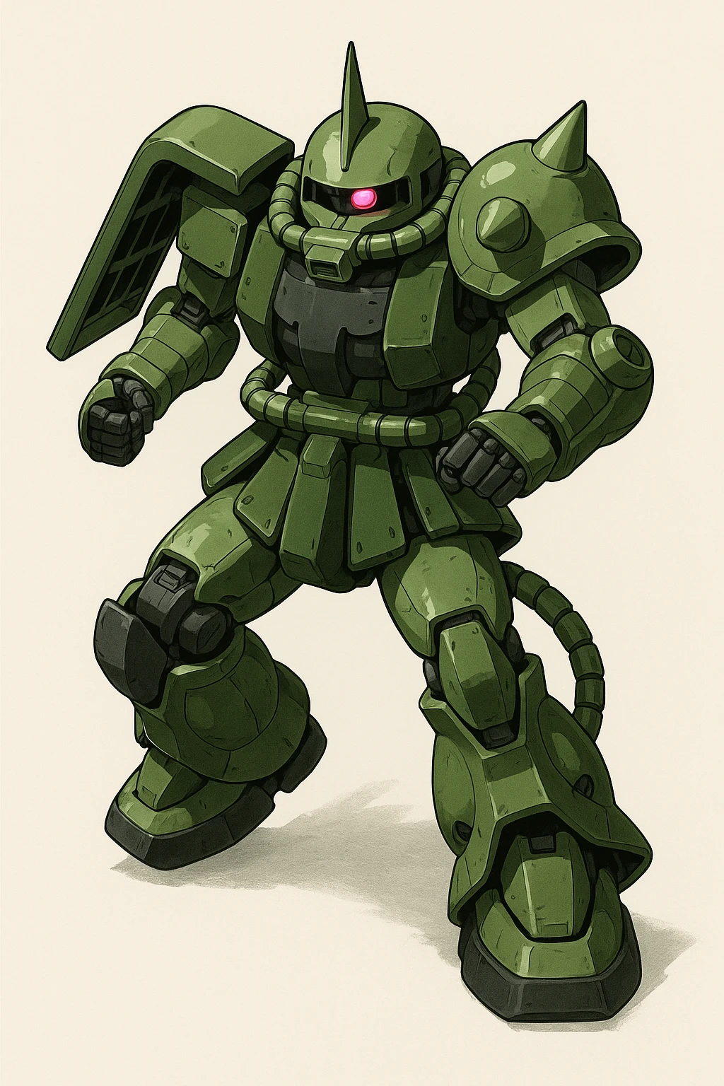 Zaku robot, military mecha, green armor, mono-eye, iconic head spike, dynamic pose, clean background, no text emoji