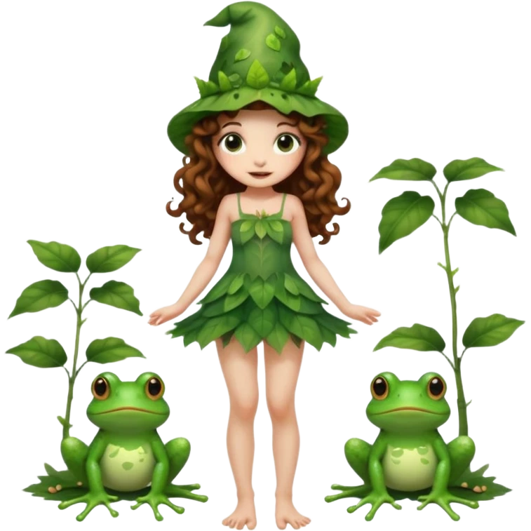 full body woman long curly brown hair brown eyes white skin tattoos wearing cute frog hat and sheer leaf dress, barefoot, flirty forest fairy pose emoji