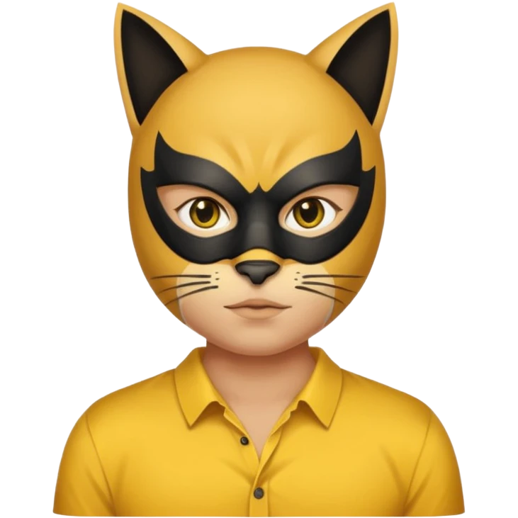 a black cat with yellow mask and shirt, half upon
 emoji