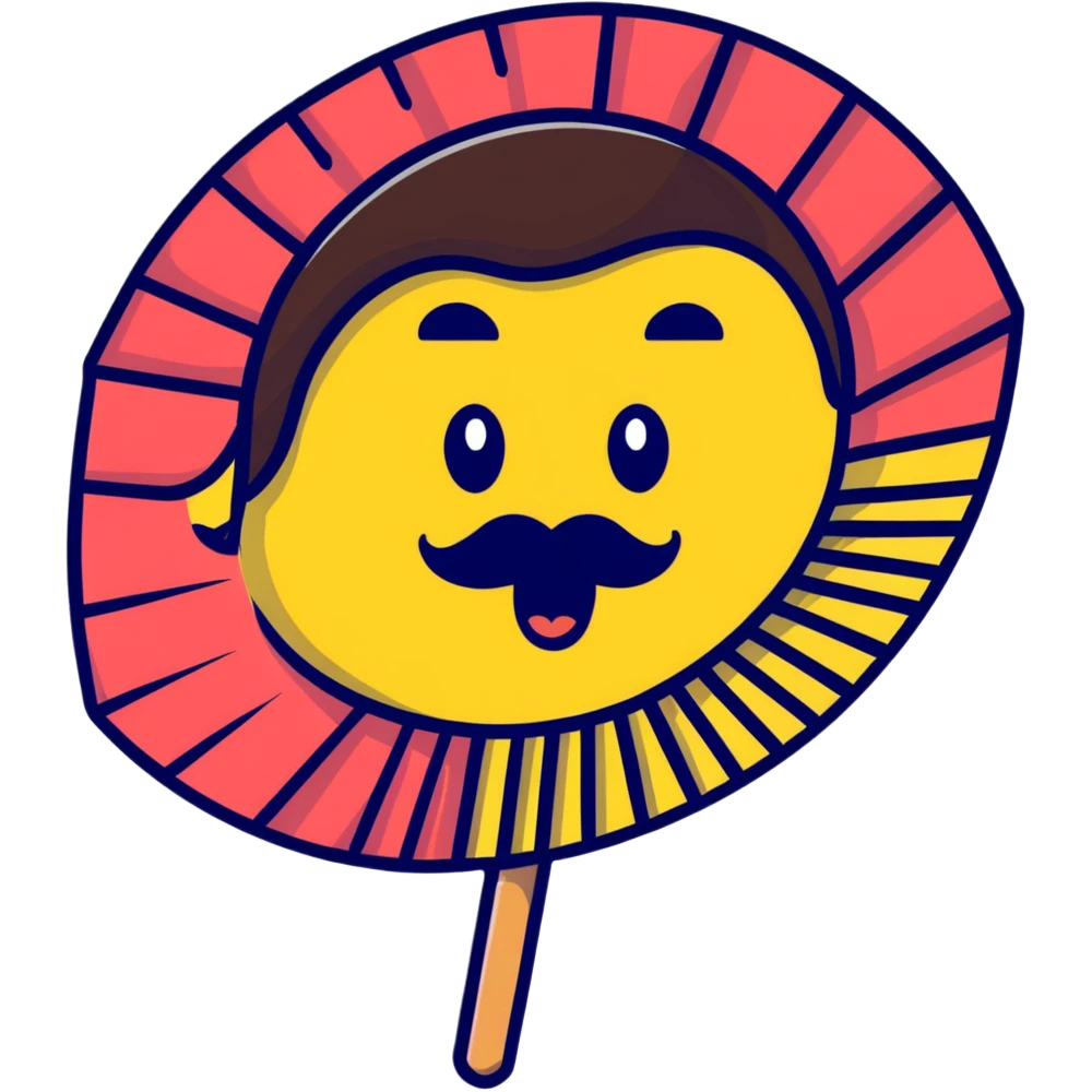 Colorful paper fan with smiling face and curly mustache emoji