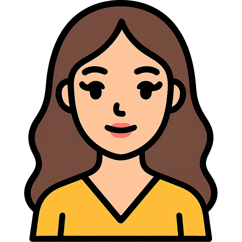 oval face with wide dark eyes and long eyelashes, soft nose and lips, light skin, long wavy dark brown hair, slim body, simple elegant clothes without hijab, colorful icon style with clear lines emoji
